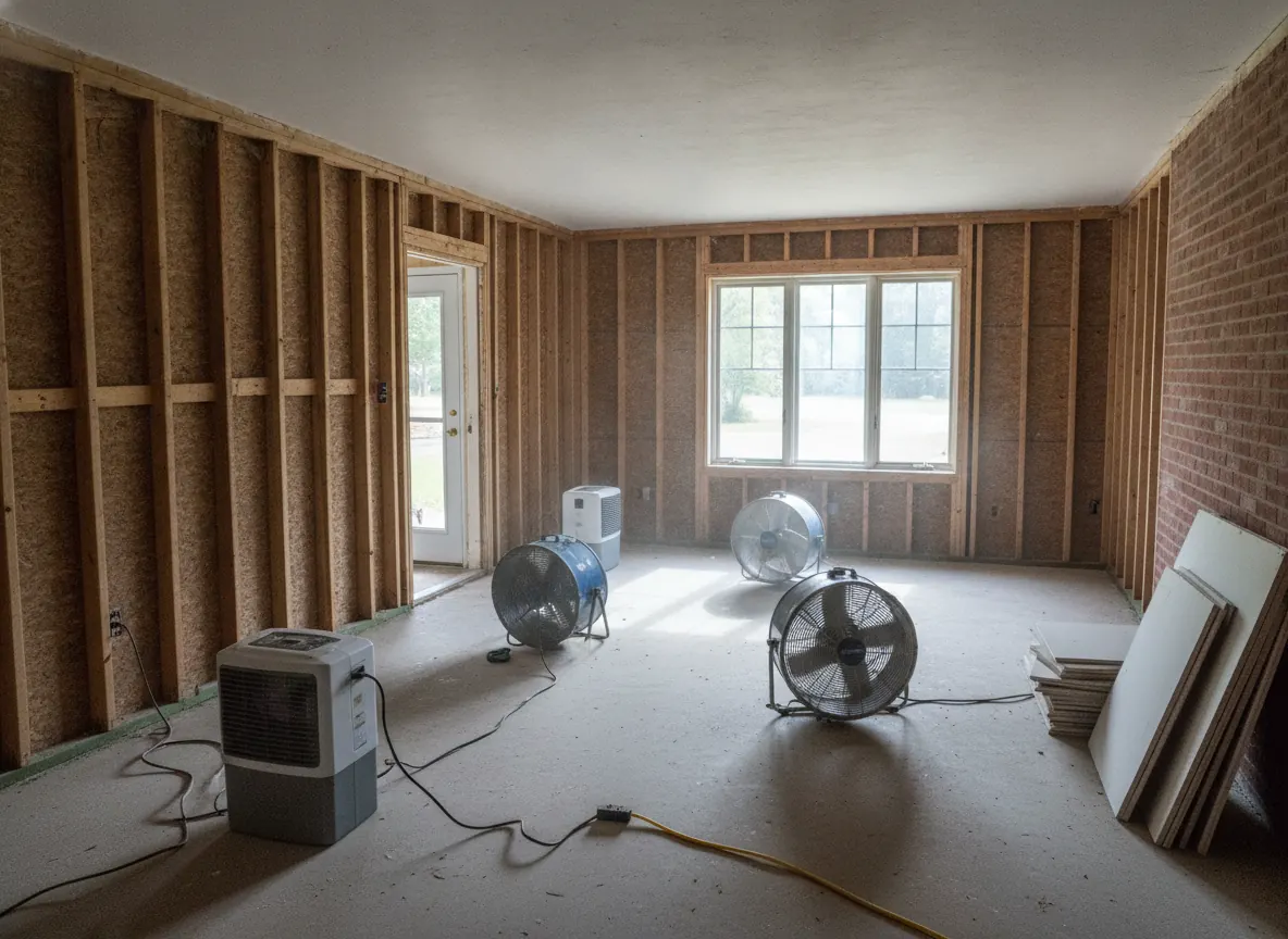 Room with lower drywall removed and fans and dehumidifiers drying it after flooding