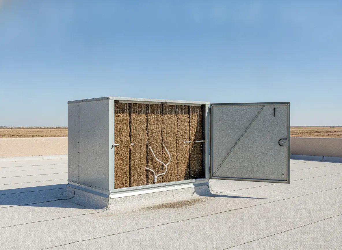 Rooftop evaporative cooler with its side panel open showing the cooling pads