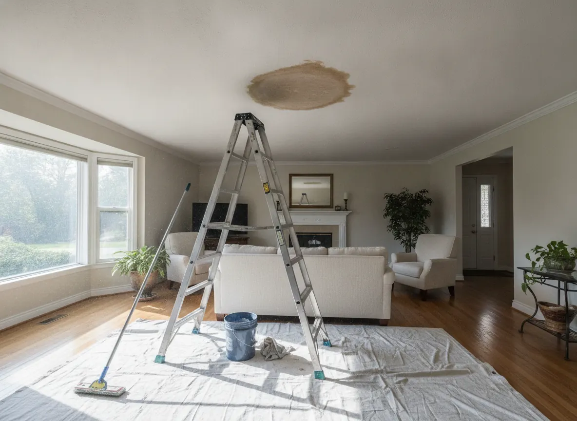 Water stain on a living room ceiling from a roof leak, with a ladder below